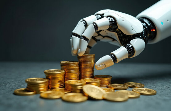 Robot hand stacks gold coins. AI tech manages finances, investments, and savings with automation. Future growth and wealth generation with machine efficiency.