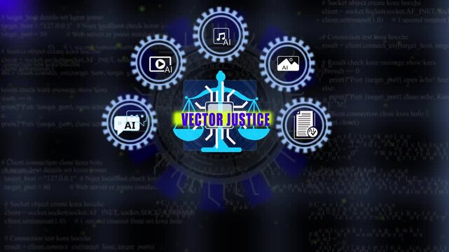 Vector justice scales emblem on futuristic digital circuit board HUD interface