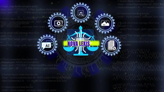 Futuristic AI Natural Language Processing Dashboard with Glowing NOVA LEXIS Centerpiece. 4K Animation