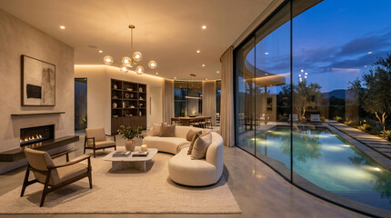 Obraz premium Modern luxury living room with pool view at dusk
