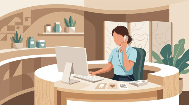 Flat faceless vector illustration of a female dental receptionist talking on the telephone at a clinic front desk featuring a computer monitor and tooth-themed decor.