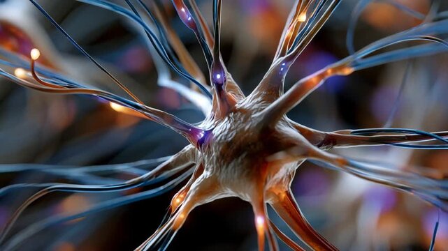 Close-up 3D rendering of a complex neuron with glowing connections and synapses