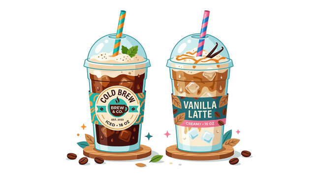 Cold Brew Coffee and Vanilla Latte in Plastic Cups with Straws