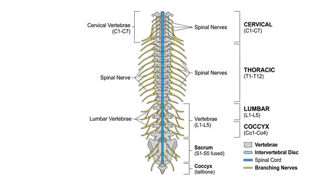 Human Spine Anatomy Diagram: Vertebrae, Spinal Cord, and Nerves