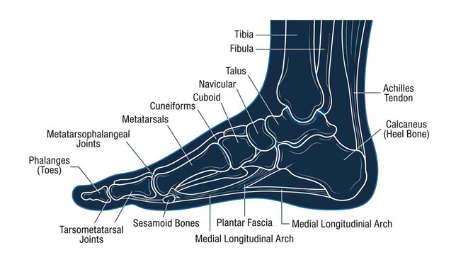 Human Foot Anatomy Diagram: Bones, Tendons, and Arches Labeled