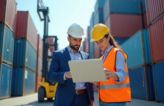 Two engineers in hard hats use laptop amidst stacked cargo containers at a busy shipping yard. Man in suit, woman in safety vest review logistics. Forklift visible in background during daytime work.