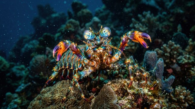Vibrant Mantis Shrimp Emerges from Coral Reef Habitat.