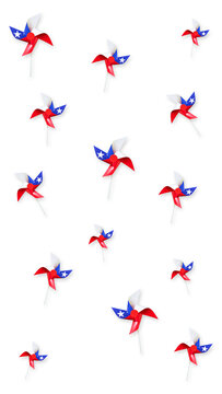 Staggered seamless pattern of patriotic red, white, and blue paper pinwheels with lone star design isolated on transparent background, vertical 9:16 PNG format