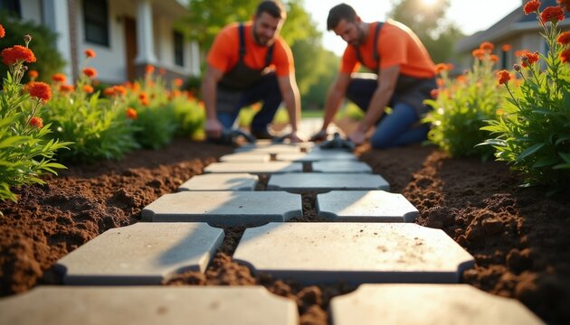 Two pro male construction workers install interlocking stone pavers on residential walkway. Builders build modern home exterior path with hardscape tools. Laborers work at garden construction site