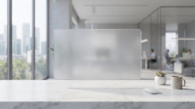 Modern frosted display screen on marble desktop in bright workspace.