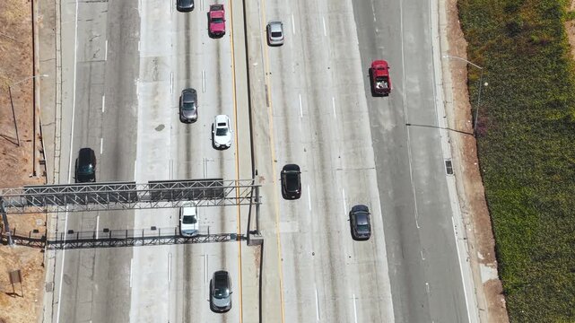 Birdseye Aerial View of US 101 Highway Traffic by Downtown Los Angeles USA, Santa Ana Freeway