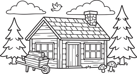 Fototapeta premium Beautiful Woodland Cabin Coloring Book Page with Wooden Wheelbarrow and Rustic Forest Clean Outline Illustration