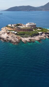 Mamula Island, Montenegro. Vertical Drone Shot of Former Fortress in Adriatic Sea