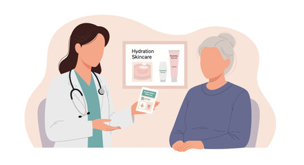Fototapeta premium Flat faceless vector illustration of a female doctor in a white lab coat consulting an elderly woman patient about hydration skincare products, dermatologist holding a pamphlet.