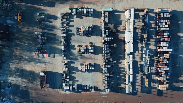 Aerial view of a cluttered vehicle scrapyard. Industrial chemical plant