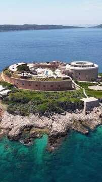 Vertical Drone Shot of Mamula Island in Adriatic Sea, Montenegro, Former Fortress and Bastion