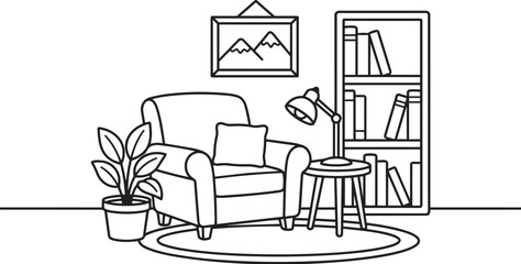 Fototapeta premium Elegant Reading Corner Coloring Book Page with Table Reading Lamp, Bookshelf and Cozy Indoor Outline Illustration