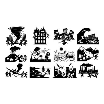 Natural disaster and catastrophe icon silhouettes set