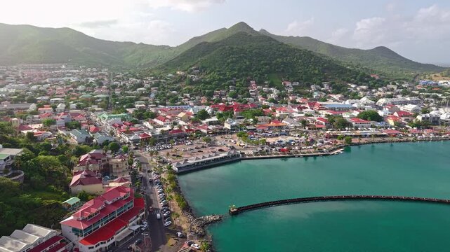 Drone Shot of Marigot Town on Saint Martin Island in Caribbean Sea, Coastal Buildings and Streets