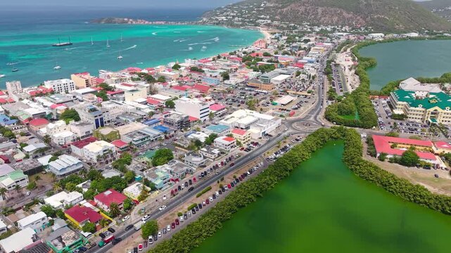 Drone Shot of Philippsburg, Capital Town of Sint Maarten Island, Colorful Buildings and Landscape by Caribbean Sea