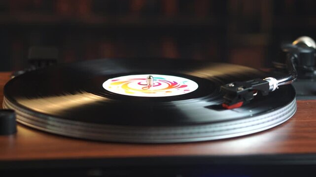 Spinning Vinyl Record, Music Album Playback in Room Ambience