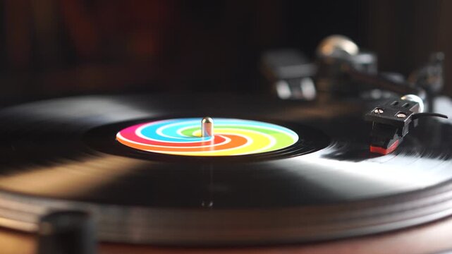 Spinning Vinyl Record With Rainbow Sticker, Long Play Album Playback in Room Ambience