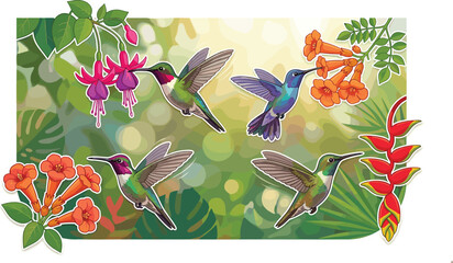 Tropical hummingbird illustration collection featuring colorful nectar birds with exotic flowers and lush rainforest foliage for botanical, wildlife, and nature designs © sumi