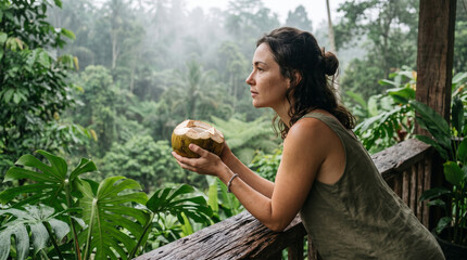 Obraz premium Woman holding fresh coconut while standing on wooden balcony overlooking misty tropical rainforest jungle landscape