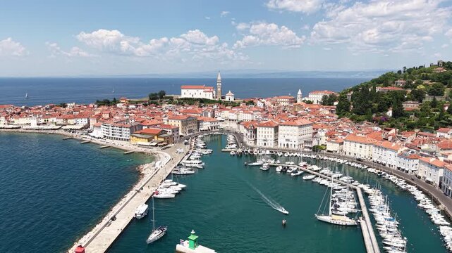 Drone Shot of Piran, Slovenia. Old Town amd Port Matina on Adriatic Sea in Summer Season