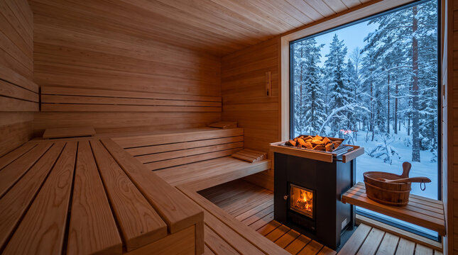 Cozy wooden sauna interior with glowing stove and panoramic window overlooking snowy winter forest landscape at dusk