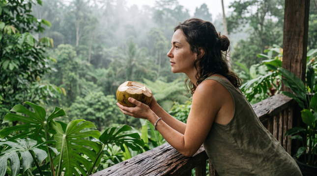 Woman holding fresh coconut while standing on wooden balcony overlooking misty tropical rainforest jungle landscape