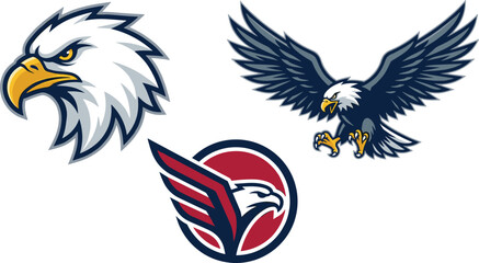 Bald eagle mascot logo collection featuring fierce eagle head, flying eagle, and modern sports emblem for branding, team identity, and esports design © sumi