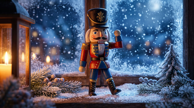 Classic wooden nutcracker soldier standing on snowy windowsill with candle lantern and frosted pine branches during winter night