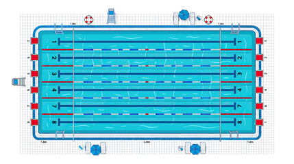 Top View Of Olympic Swimming Pool With Lanes, Starting Blocks and Lifeguard Chair © Tongseng