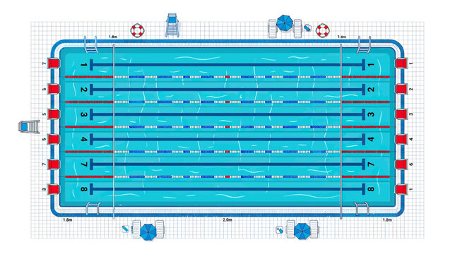 Top View Of Olympic Swimming Pool With Lanes, Starting Blocks and Lifeguard Chair