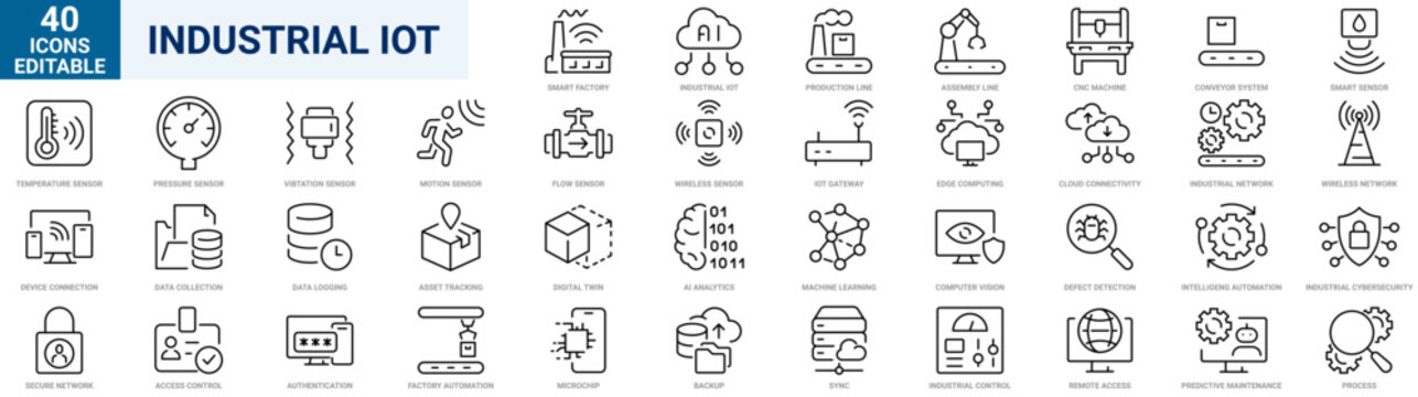 industrial iot icon set outline style illustration. containing internet of things, sensor fusion, protocol conversion, condition monitoring, cloud connectivity, remote diagnostics, edge computing