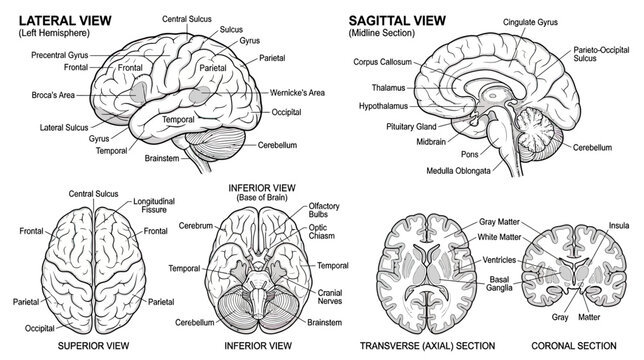 Human Brain Anatomy Diagrams: Lateral, Sagittal, Superior, Inferior, Transverse and Coronal Views