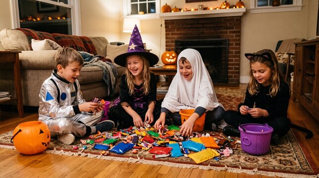 Four diverse children in Halloween costumes happily sorting candy on a rug indoors