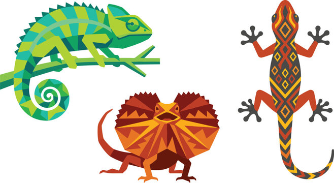 Reptile illustration collection featuring colorful chameleon, frilled lizard, and gecko with vibrant tropical wildlife designs for nature, education, and zoology projects