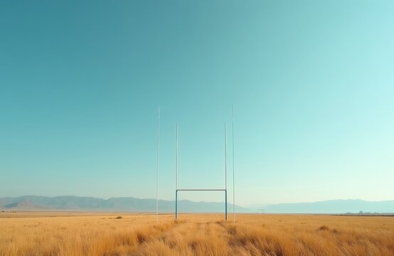 Rugby posts stand on dry grass field under clear blue sky. Distant mountains form horizon line. Vast empty landscape suggests solitude and rural sport setting.