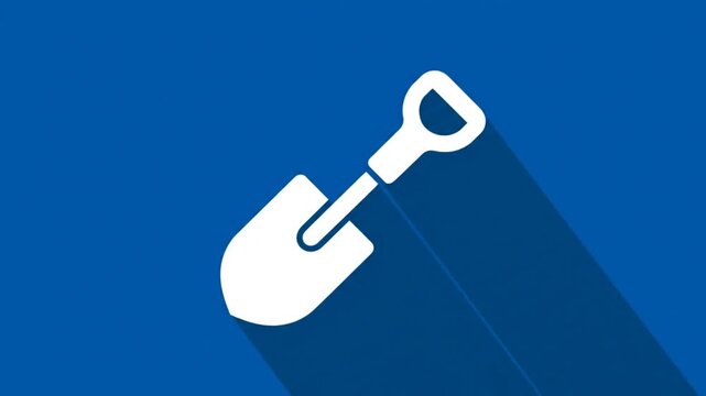 Simple white shovel icon on a bright blue background with shadow and sound effect for construction, gardening, and digging