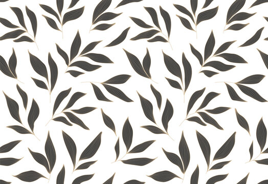 Seamless abstract foliage poster vector. Leaves pattern. Organic shapes, black and gold colors leaf branch on white. Illustration design for Eco packaging, interior, cover,  wallpaper, market.