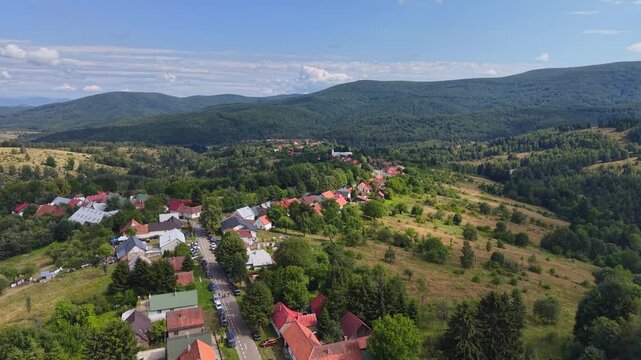 Scenic aerial drone landscape of Găr&acirc;na Village. The village was born in 1828, when German settlers, known as "Pemi", originally from Bohemia, settled in this place, naming it Wolfsberg