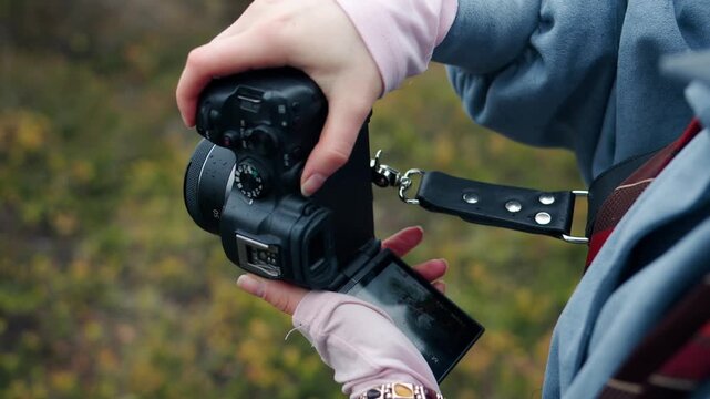 Close-up of a female hands adjusting the top control dial of a black mirrorless camera with a 50mm lens and press the shutter release. It is attached to a black strap. Raindrops fall on a forest hill