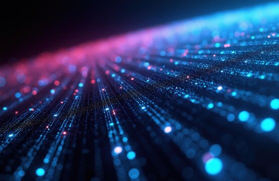 Abstract digital background with glowing blue, pink neon particles moving in motion blur. Matrix stream of data dots create deep perspective light effect. Modern cyber space visual represents high