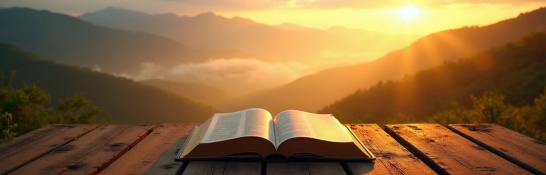 Open bible rests on wooden table facing misty mountain range at sunrise. Morning sun rays illuminate tranquil religious landscape. Spiritual calm, hope fills serene natural scene with vast copy space.