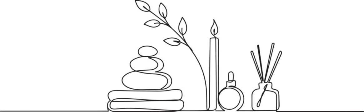 Zen, balance and harmony concept, wellness and spa treatments, stones, towel, plant branch, candle, oil, aroma diffuser with sticks. one line art icon drawing