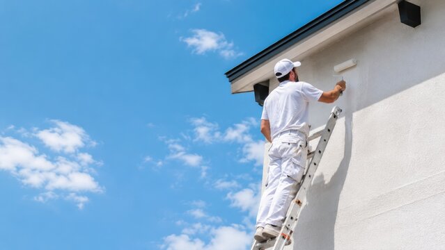 Professional House Painter Painting Exterior Wall on Ladder