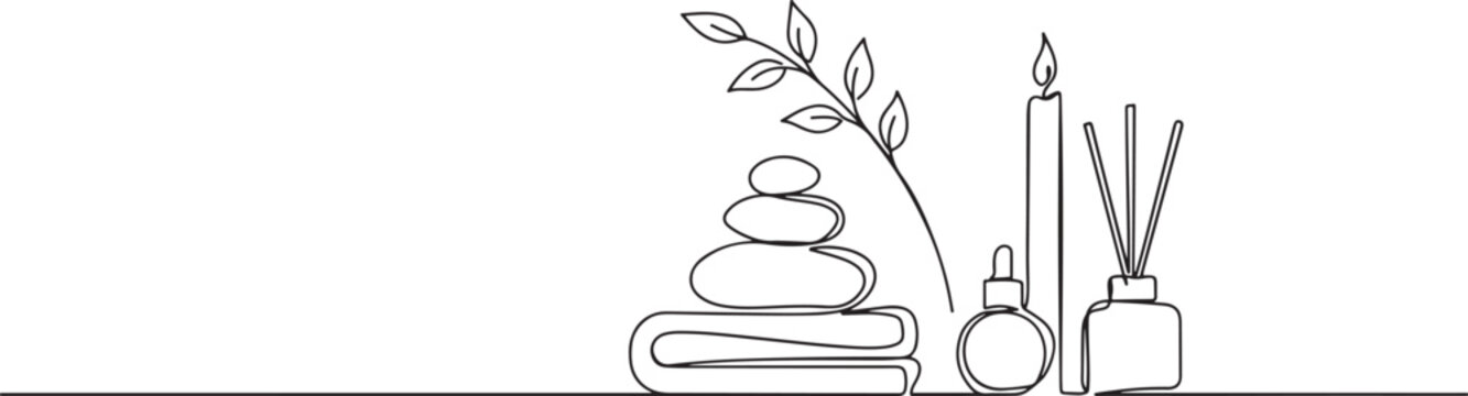 Zen, balance and harmony concept, wellness and spa treatments, stones, towel, plant branch, candle, oil, aroma diffuser with sticks. one line art icon drawing