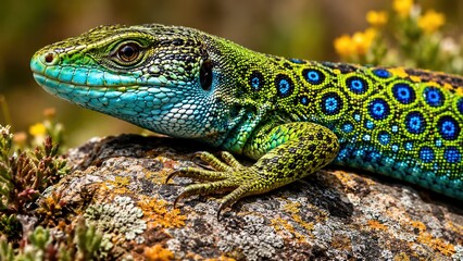 Fototapeta premium Colorful Green and Blue Lizard Close Up Resting on Sunlit Rock